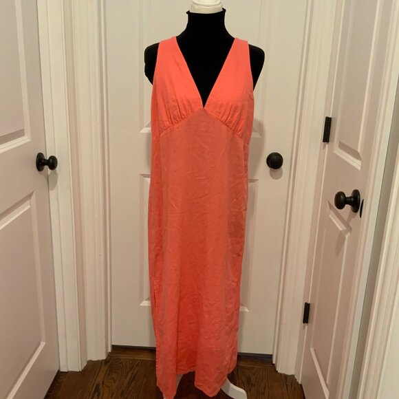 Old Navy Coral Pink V Neck Smocked Back Linen Blend Dress Large - Picture 3 of 12